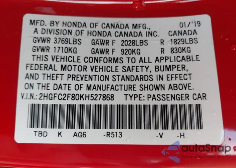 2019 Honda Civic Sport from USA, damaged, VIN 2HGFC2F80KH527868